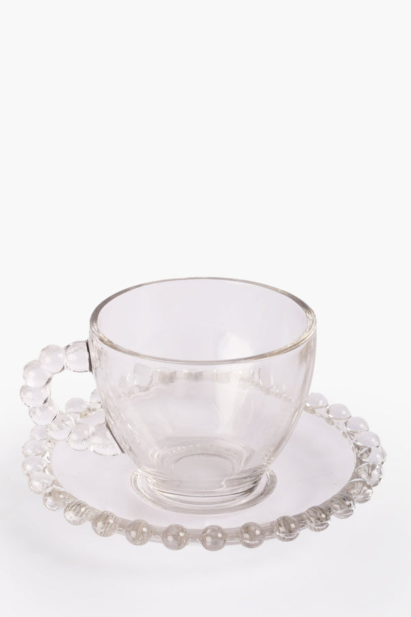 Glass Mug & Saucer Set with Pearls